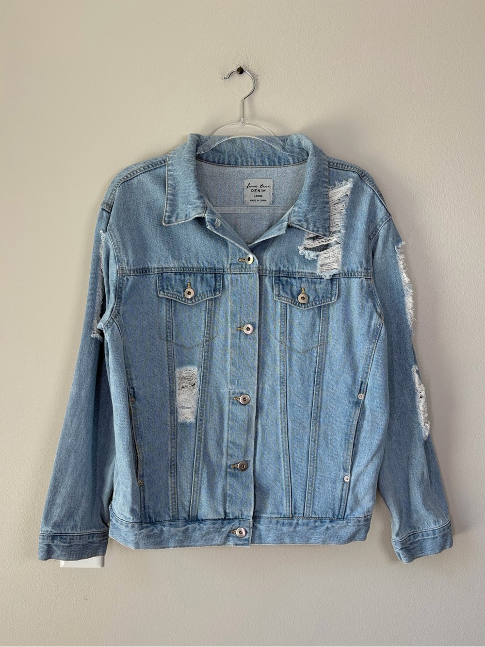 Love Tree Light Wash Distressed Jean Jacket Layering Transitional Weather
